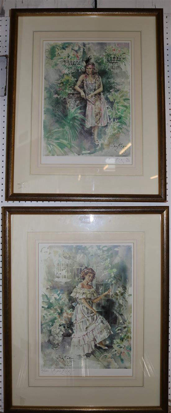 Gordon King, two signed limited edition prints of young ladies in gardens, 16/475 and 76/475